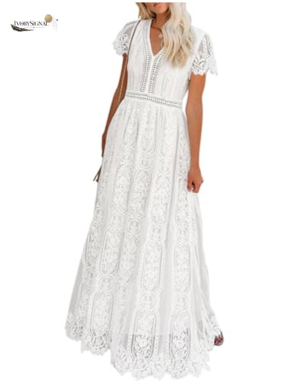 Women's V Neck Short Sleeve Floral Lace A-Line Maxi Wedding Dress